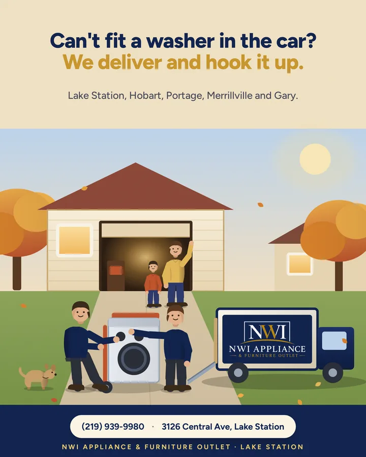 Illustrated post: can't fit a washer in the car, we deliver and hook it up