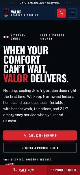 Valor Heating & Cooling site on a phone